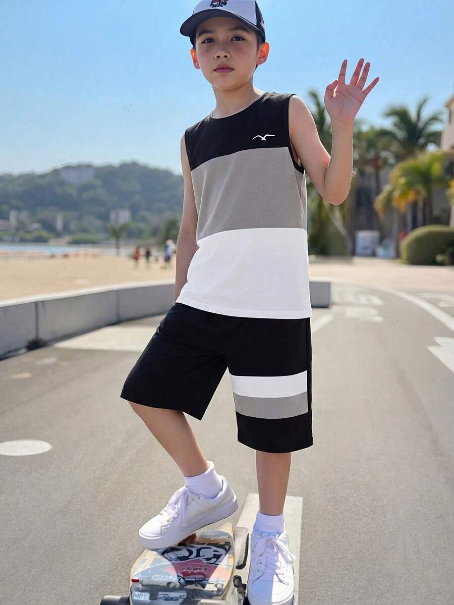 Fantacosmos 2pcs Teenage (Boys) Casual Sports Black White Grey Patchwork Sleeveless Tank Top And Shorts Set, Spring/Summer - Multicolor - View 1