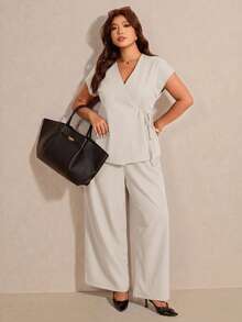 Elaquor Plus Size Summer Casual Commuter Tie-Wrap Suit Jacket And Pants Set - Apricot - View 5