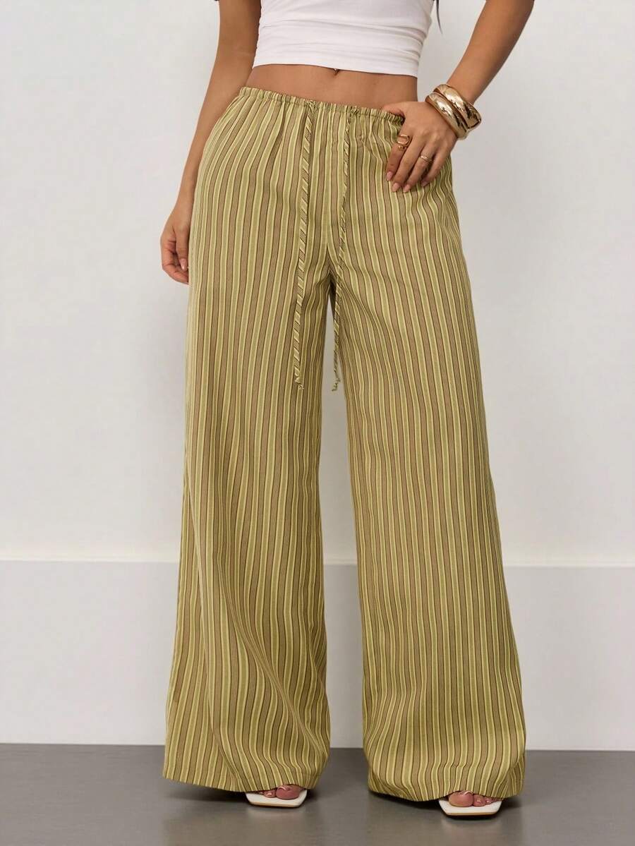 SHEIN PETITE 条纹抽绳阔腿裤 可爱夏季度假休闲优雅沙滩亚麻风长裤 女士办公着装 春季女装 - 綠色 - 查看 1