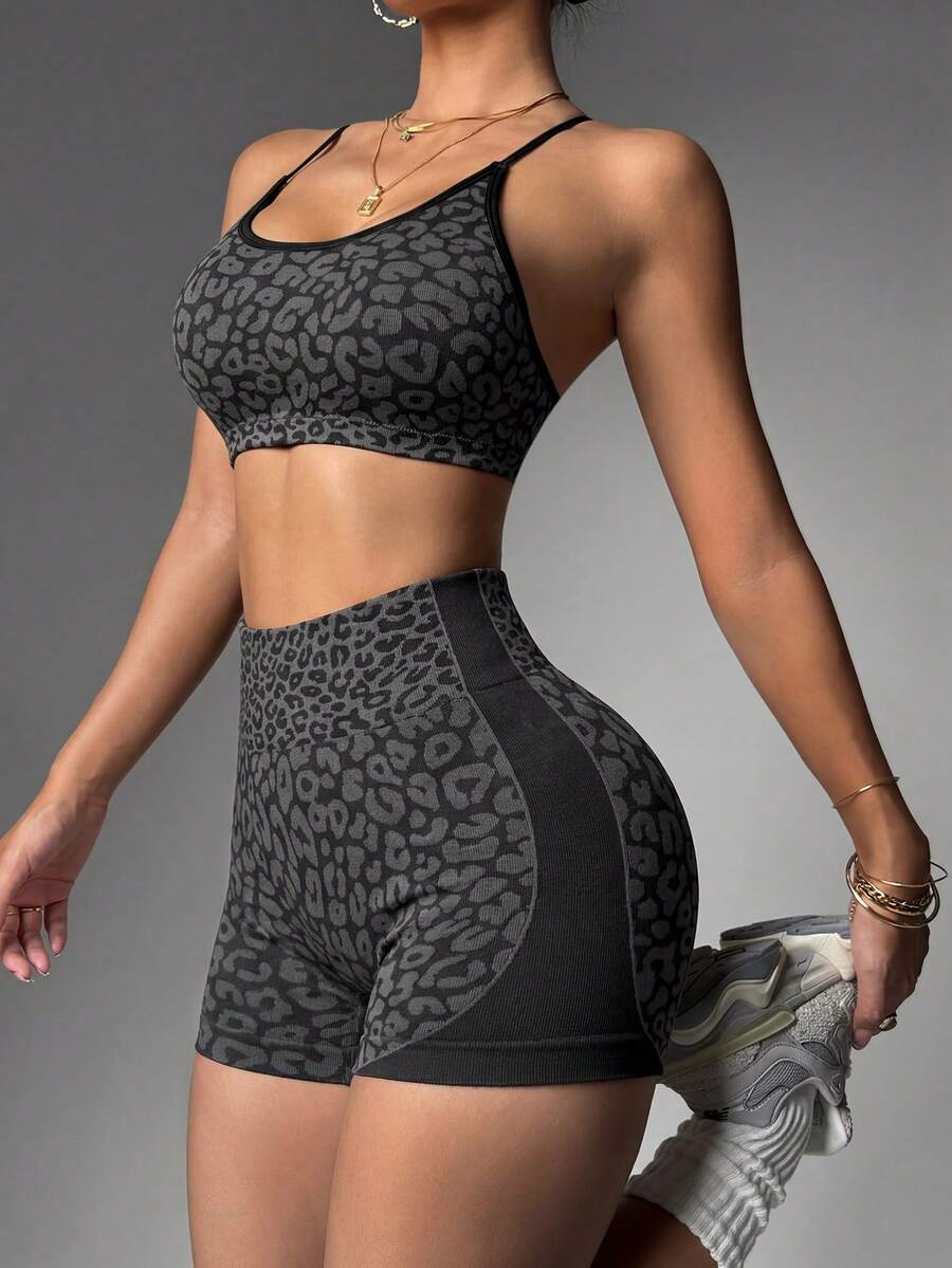 Slayform Multicolor Strappy Back Crop Top And Shorts Activewear Set Open Back Romper Leopard Print Biker Shorts Romper Shorts Set Workout Romper Fitness Romper Leopard Sports Bra Women Workout Shorts Set Sports Bra And Shorts Set Women Two Piece Sets Biker Shorts Leopard Workout Set - Multicolor - View 1