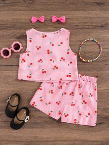 Emery Rose Kids Emery Rose Kids 2件套 女童粉色格子樱桃印花无袖上衣和短裤 两件套夏季套装 女童套装 樱桃图案女童服装套装 儿童套装 2件套夏季套装 夏季柔软舒适上衣和裙子 - 粉色 - 查看 2