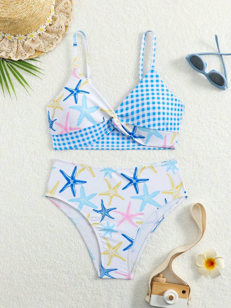 SHEIN 2件套少女格子碎花弹力速干舒适针织面料连体泳衣,适合海滩、泳池、冲浪、度假、夏季旅行 - 彩色 - 查看 1