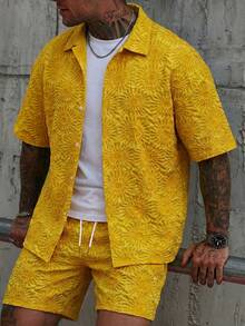 Manfinity CasualCool Men's Yellow Casual Jacquard Short Sleeve Button-Up Shirt & Drawstring Shorts Set,Funny Summer Holiday Vacation 2 Piece Outfits For Wedding Party - Yellow - View 5