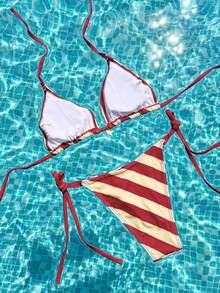 Swim Mod Bộ đồ đi biển 2 món cho nữ, thời trang dễ thương, gợi cảm, đồ bơi đi nghỉ mát, họa tiết hoa/sọc ngẫu nhiên, áo bơi buộc dây sau lưng và quần bikini buộc dây bên hông, thích hợp cho mùa xuân/hè. - Nhiều màu - Xem 2