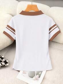 Rovax Blusa casual de manga corta con estampado de rayas y lazo para mujer - Blanco - Ver 2