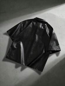 ROMWE MEN Men's PU Crocodile Embossed Polo Shirt - Black - View 3