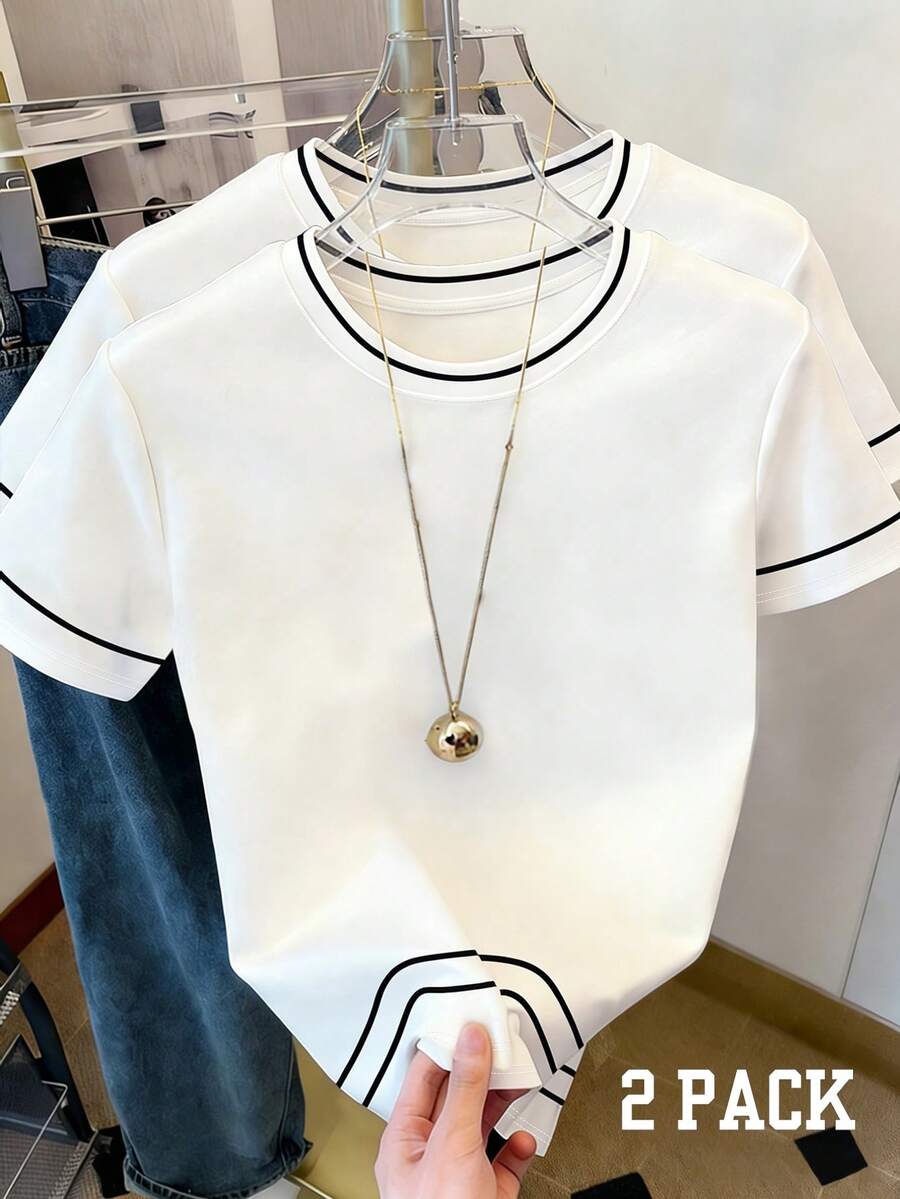 Resyla Bộ 2 áo thun nữ dáng regular fit, họa tiết sọc và in hình tối giản, tông màu mùa hè, áo casual cho các buổi đi chơi, thiết kế đồ họa, thanh lịch, đa năng, mặc hàng ngày, ngoài trời, mua sắm, du lịch. - Nhiều màu - Xem 1