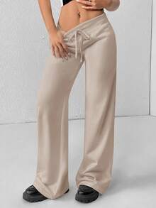 SHEIN PETITE Comfortable And Casual Plain Knitted Low-Rise Wide-Leg Women's Sweatpants - Camel - View 3