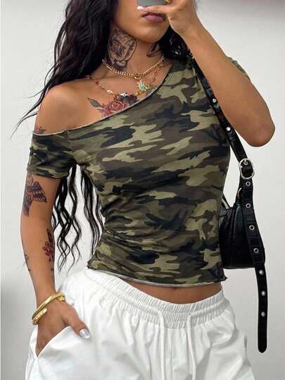 Coolane Áo thun nữ cổ lệch, họa tiết rằn ri, kiểu dáng thường ngày, thích hợp cho mùa hè.