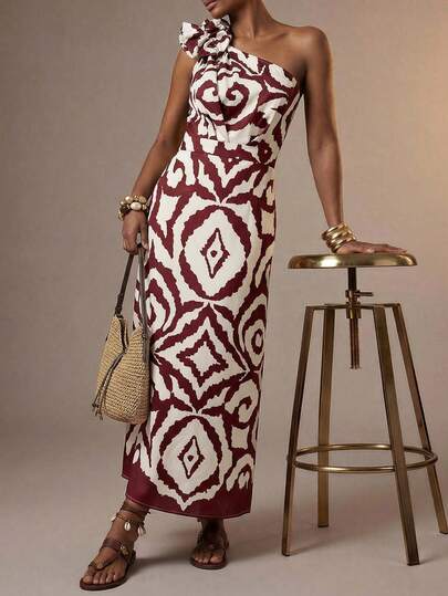 Zivah New Summer Best-Selling Boho Nomadic Vacation Red And White Print Off Shoulder Women Long Dress.Suitable For Vacations, Travel, Everyday Outings, Party, Music Festivals, Beaches, Holidays, Airport Fashion,Cruises, Afternoon Tea-A