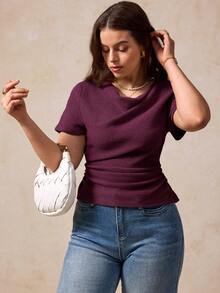 Plus Size Women's Loose Draped Neck Short Sleeve Casual French Style T-Shirt Top, Spring/Summer - Rose Red - View 5