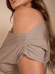 SHEIN BAE Plus Size Women's Off Shoulder Short Sleeve Black T-Shirt - Camel - View 6