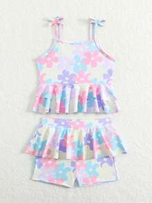 Young Girl Floral Print Ruffle Trim Tankini Swimwear Set For Beach Vacation - Purple - View 5