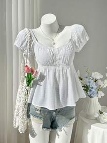 女士粉色碎花荷叶领短袖衬衫，度假风，乡村风 - 白色 - 查看 1