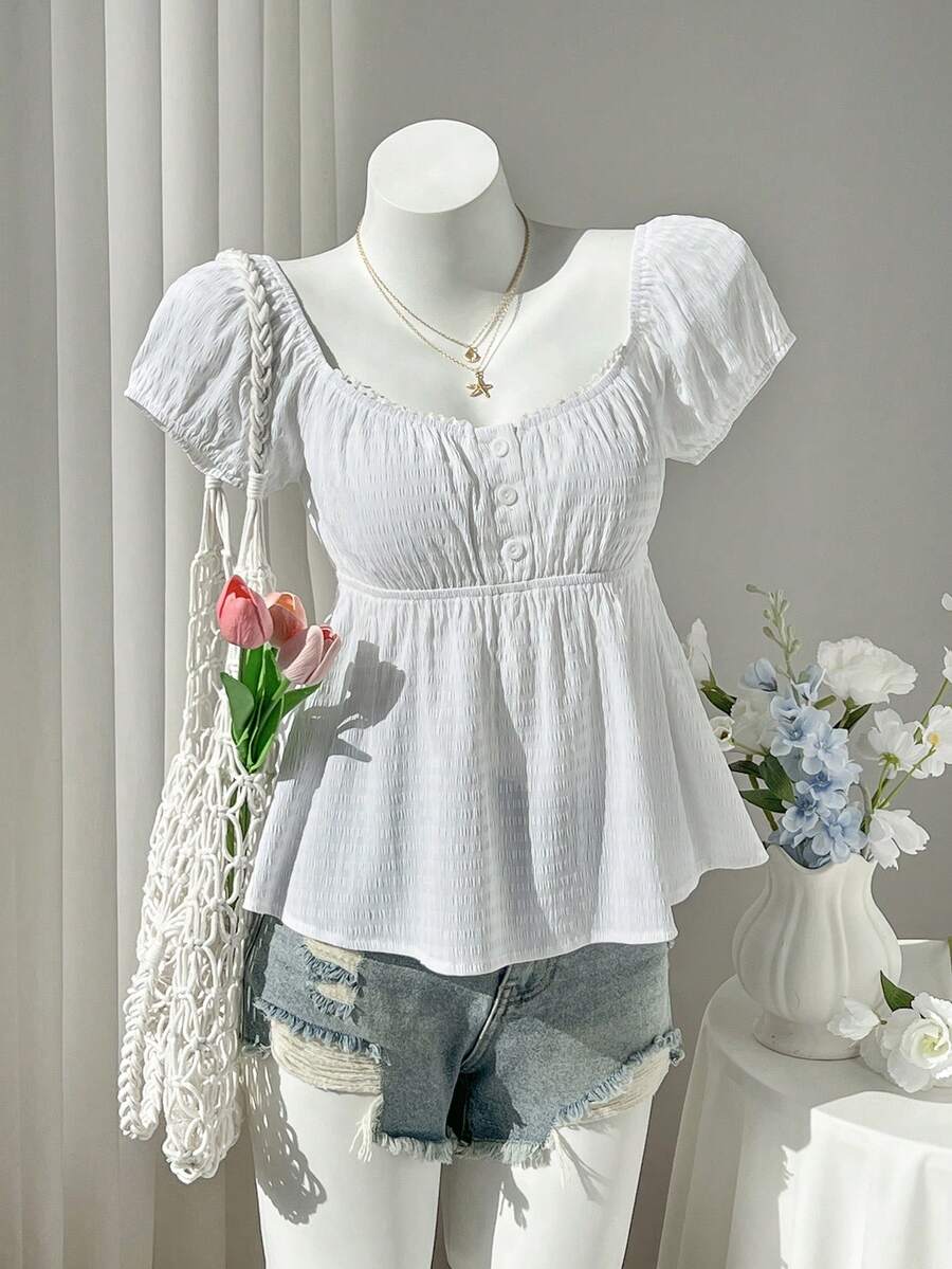 女士粉色碎花荷叶领短袖衬衫，度假风，乡村风 - 白色 - 查看 1