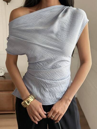 Livesso Áo sơ mi nữ dáng suông, màu trơn, cổ lệch, eo thắt, thích hợp cho mùa hè.