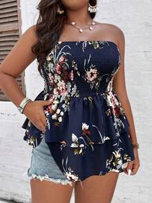 Breezaya Áo kiểu cúp ngực họa tiết hoa, xếp ly, viền bèo nhún, cỡ lớn, thích hợp cho mùa hè. - Nhiều màu - Xem 1