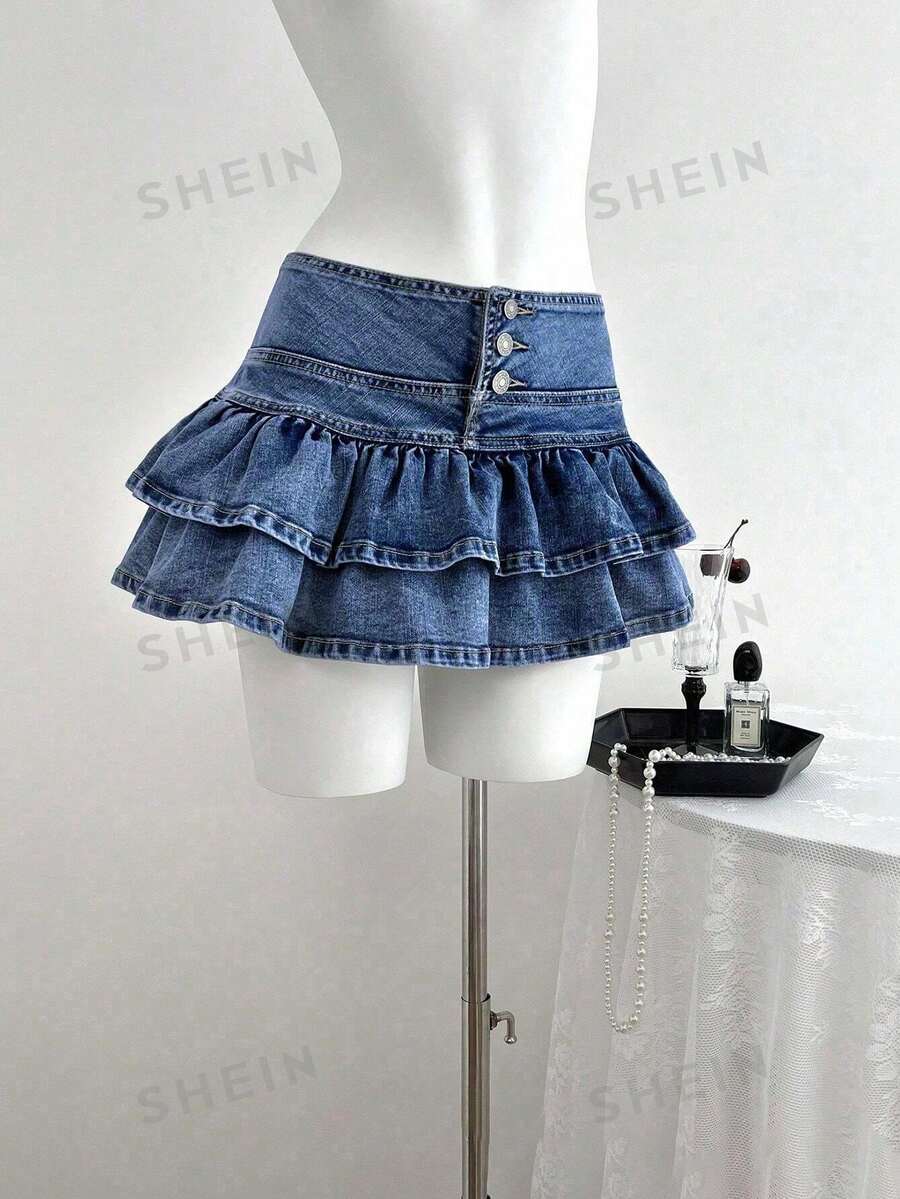 SHEIN Tall Tall Women's Fashion Ruffle Hem Denim Mini Skirt - Medium Wash - View 1
