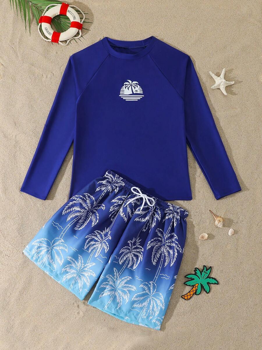 SHEIN Teen Boy White Palm Tree Silhouette Long Sleeve Top And Blue-White Ombre Color Swim Trunks Set Rash Guard For Boys Swim Wear For Teens