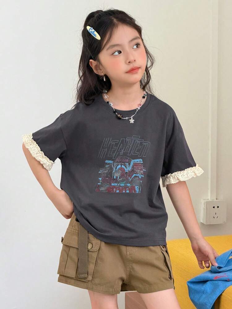 Round Neck Printed Design With Ruffle Cuff Splice Loose Tween Girls T-Shirt