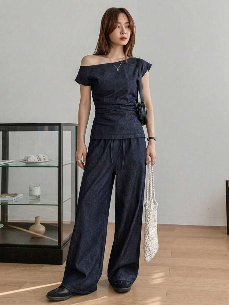 Women's Solid Color Asymmetric Collar Short Sleeve Top And Long Pants Casual Denim Suit Summer