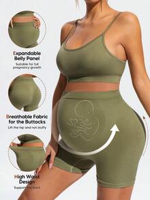 SHEIN Set sportivo casual di reggiseno e pantaloncini tinta unita da maternità - Verde Oliva - Visualizzare 9