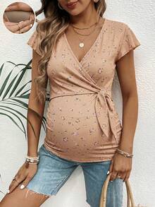 SHEIN V-Neck Floral Print Wrap Casual Nursing Short Sleeve Top - Grey - View 4