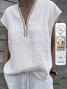 Women's V-Neck Ruffle Trim Casual Vacation White Blouse, Summer - White - View 1