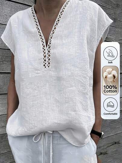Louniche Women's V-Neck Ruffle Trim Casual Vacation White Blouse, Summer