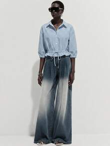 SHEIN Luminelle Striped Waist Cinching Shirt, Suitable For Summer Vacation, Commute And Outings - Blue - View 4