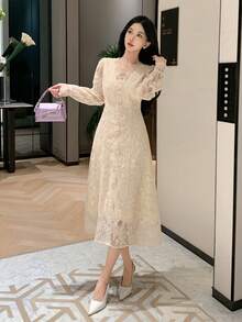 DAZY Đầm midi dài tay phối ren tương phản thanh lịch, kiểu dáng thường ngày dành cho nữ. - Màu be - Xem 6