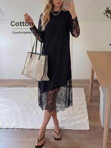 Easowa Đầm ren cổ tròn tay ngắn màu trơn, dáng rộng, thoải mái, thích hợp cho các buổi đi chơi và đi làm, trang phục sân bay, đầm dành cho phụ nữ trung niên, đầm dự tiệc, đầm đồng phục giáo viên, đầm thanh lịch cho phụ nữ - màu đen - Xem 7