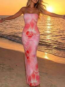 INAWLY Floral Print Strapless Dress For Beach Vacation - Multicolor - View 5