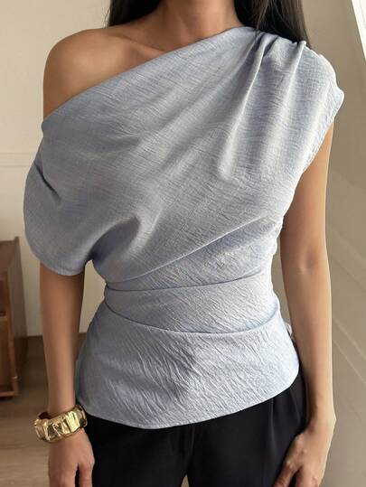 Livesso 女士休闲纯色不对称领收腰衬衫，夏季