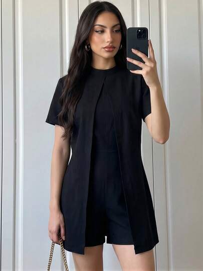 Elenzga 女士短袖修身腰部休闲舒适棉质面料通勤外出服，优雅商务风，适合工作、休闲、度假。黑色连体裤，新款夏季连体裤，女士度假装，浪漫约会连体裤，女士海滩度假装