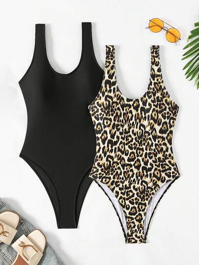 Swim Chiccia 1 bộ đồ bơi liền thân hai mảnh màu đen phối họa tiết da báo dành cho nữ, kiểu dáng gợi cảm, thích hợp cho kỳ nghỉ ở đảo, bãi biển, hoặc tiệc bể bơi.