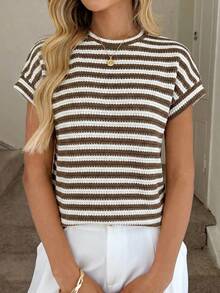 Easowa 圆领落肩休闲T恤，基础格子/条纹面料，优雅假日及街头风女装 - 彩色 - 查看 4