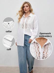 Maija Camisa de talla grande de unicolor casual con parches de encaje, primavera/otoño - Blanco - Ver 8
