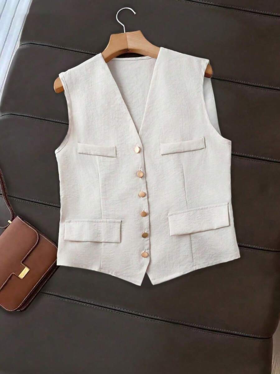 SHEIN Franclia Women's Solid Color V-Neck Single-Breasted Casual Versatile Commuting Blazer Vest - Apricot - View 1