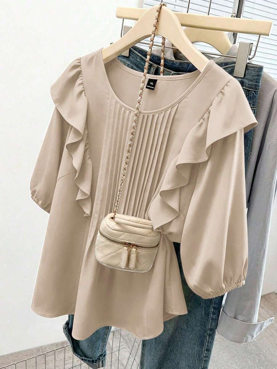 GlowEve CURVE Plus Size Solid Color Round Neck Long Sleeve Ruffle Hem Blouse - Apricot - View 1