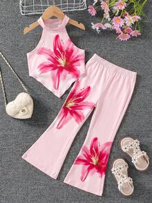 SHEIN Young Girl Casual Floral Print Camisole And Pants Set, Comfortable And Minimalist - Pink - View 3