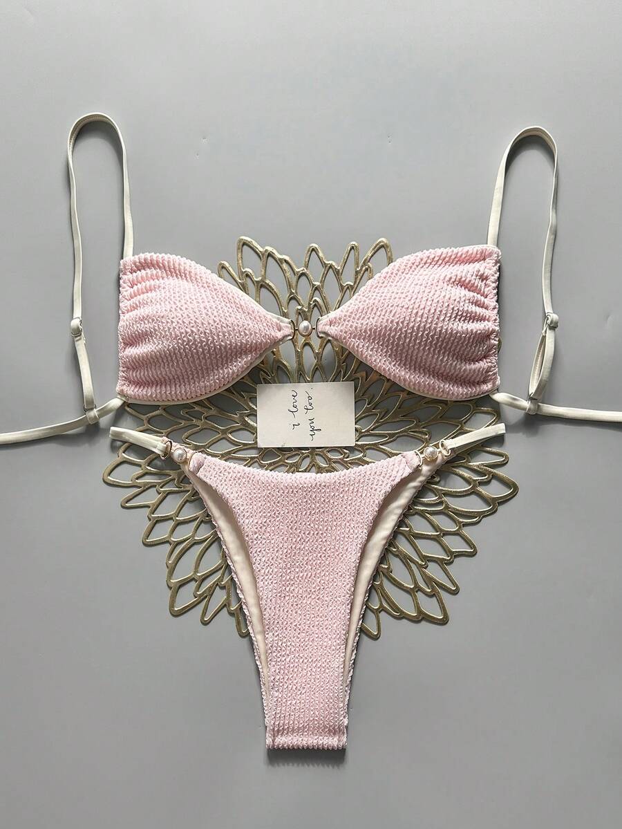 Swim Mod Bộ bikini buộc cổ yếm tối giản đính ngọc trai cho kỳ nghỉ Xuân/Hè 2026, đồ bơi nâng đỡ tốt cho phụ nữ ngực nhỏ. - Nhiều màu - Xem 1