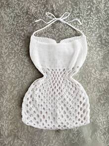 Everyssa Women's Summer Vacation Casual Halter Knit Top - White - View 2