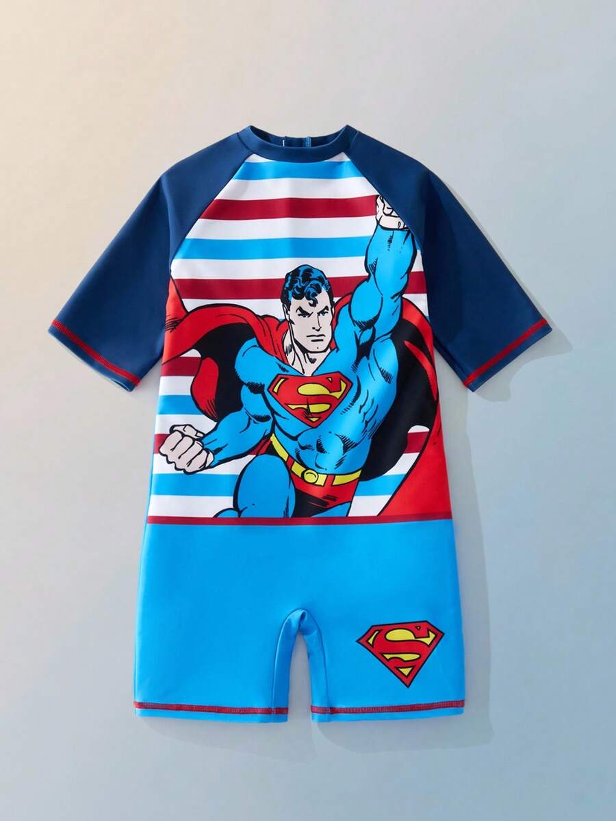 SUPERMAN X SHEIN Maija Kids 男童春夏修身拼接泳装，合作款 - 藍色 - 查看 1