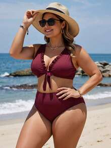 Swim Lushoire Plus Size Fashionable Sexy Casual Vacation Ruffle Deep V-Neck Tankini Swimwear - Burgundy - View 3