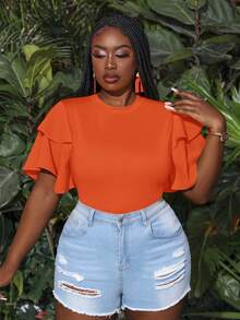 Slaydiva Plus Size Summer Holiday Multilayer Ruffle Sleeve Bodycon Bodysuit Bodysuits For Women Pluswhite Bodysuitplus Size Bodysuit - Orange - View 5