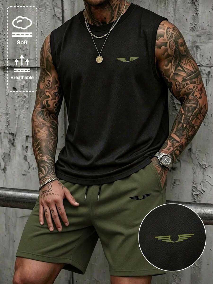Manfinity Roughcore Conjunto de camiseta de tirantes de color de contraste para hombre, conjunto de color de contraste negro & verde, diseño minimalista de ala pequeña & logotipo, casual, deportivo, minimalista, verano, vacaciones - Negro - View 1
