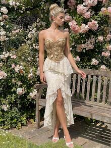 SHEIN Áo corset có cấu trúc đính đá lấp lánh - Màu be - Xem 3