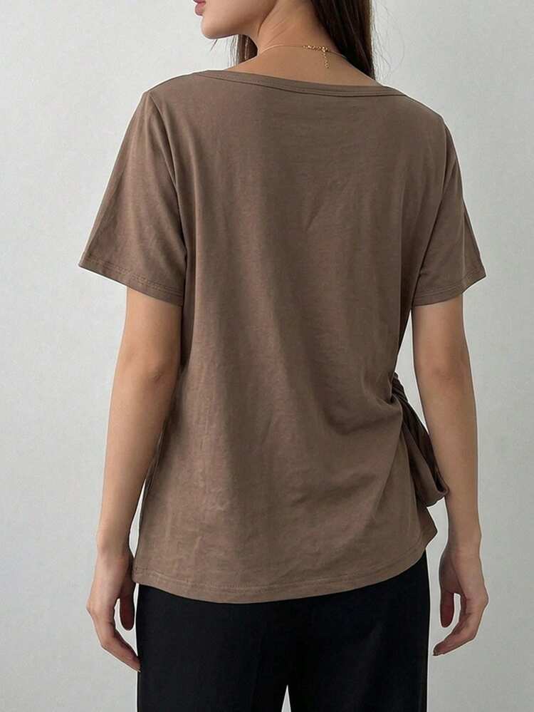 Women's Casual Solid Color Cinched Waist T-Shirt, Summer