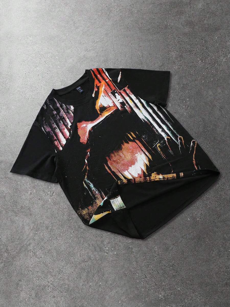 ROMWE MEN Grunge Punk Men's Portrait Print Short Sleeve T-Shirt, Suitable For Spring And Summer - Black - View 1